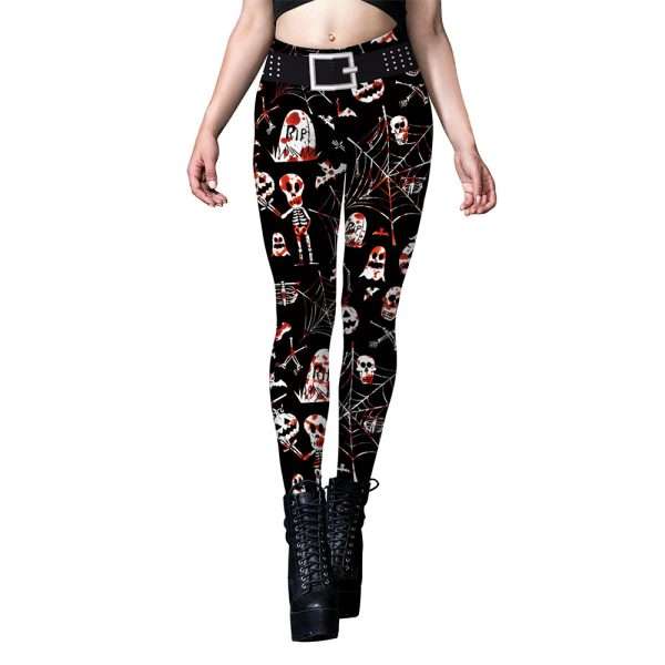 Skull Spider Web Printed Tight Leggings - Image 3